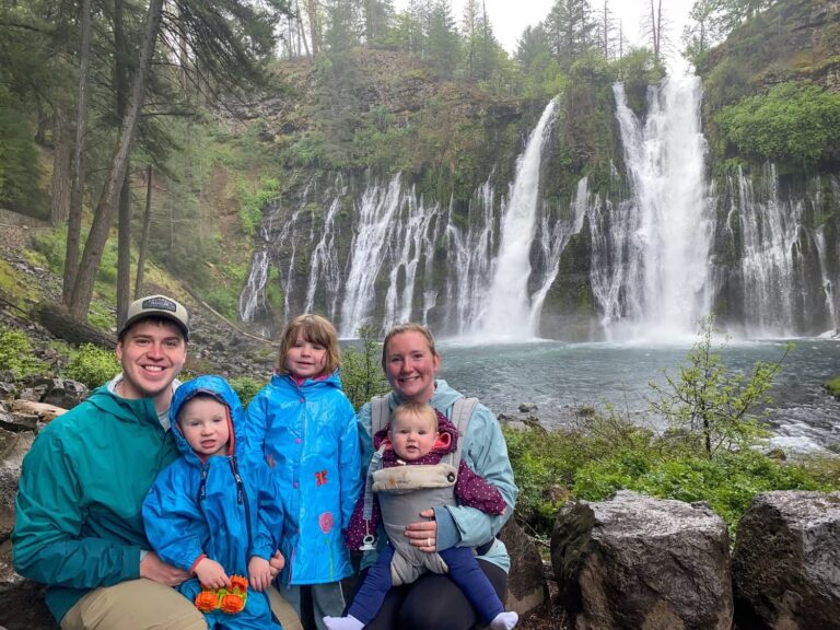 Family at waterfall