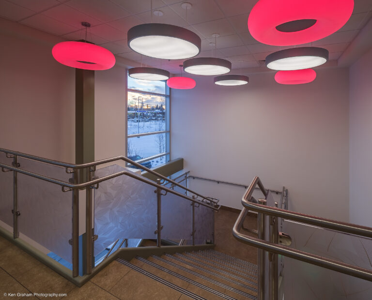 Decorative red and white lighting in stairwell